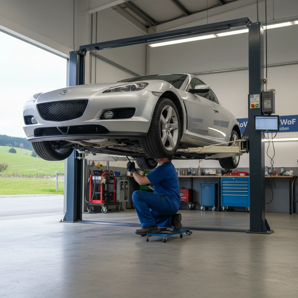 Mazda RX-8 undergoing WOF inspection in NZ