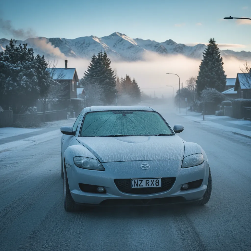 Mazda RX-8 parked in a frosty New Zealand winter setting